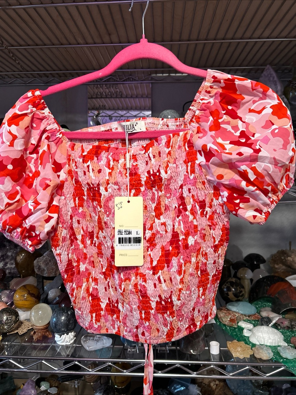 Smocked Puff Sleeve Crop Top in Pink and Red Floral